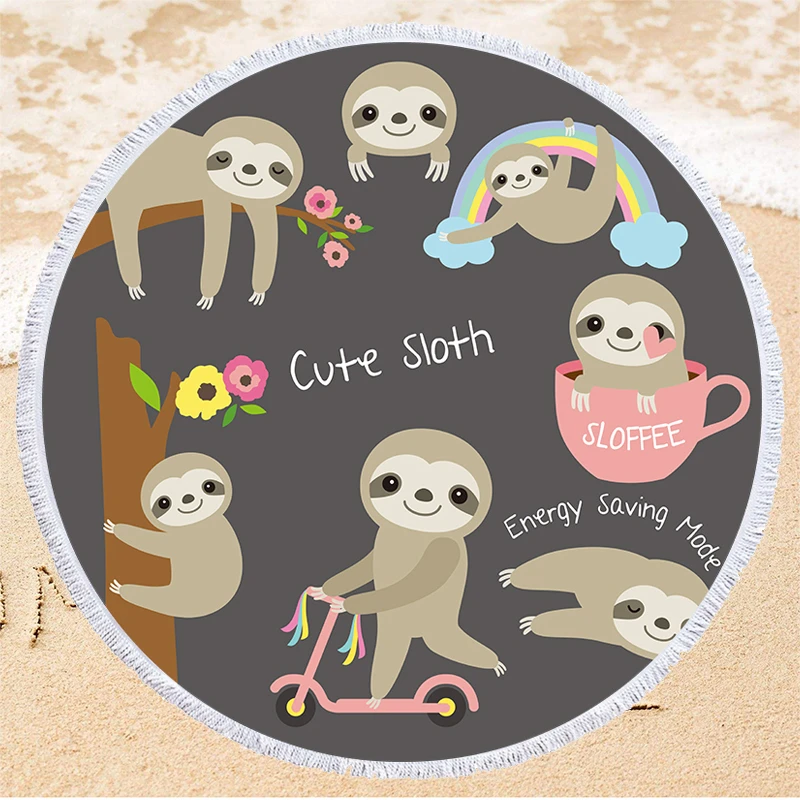 Creative Sloth Pattern Summer Beach Towel with Drawstring Bag Portable Round Microfiber Bath Towel Outdoor Travel Yoga Blanket