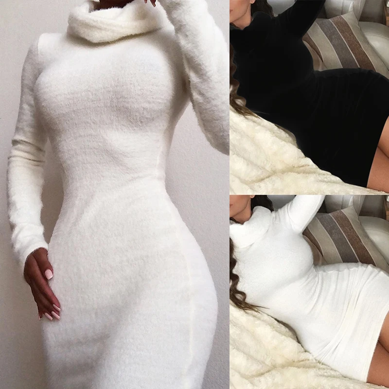 

Women's Sweater Dresses Women Winter Turtle Neck Female Solid Color Sweater Dress Sexy Holiday Ladies Winter Teal Vestidos
