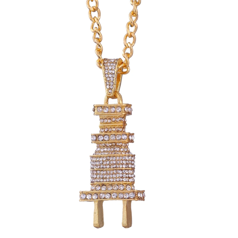 ZRM ювелирные изделия Bling Plug ожерелье, подвеска из золота цвет серебра талисман микро проложить Полный горный хрусталь хип хоп подвеска в виде вилки ожерелье - Окраска металла: Big Gold