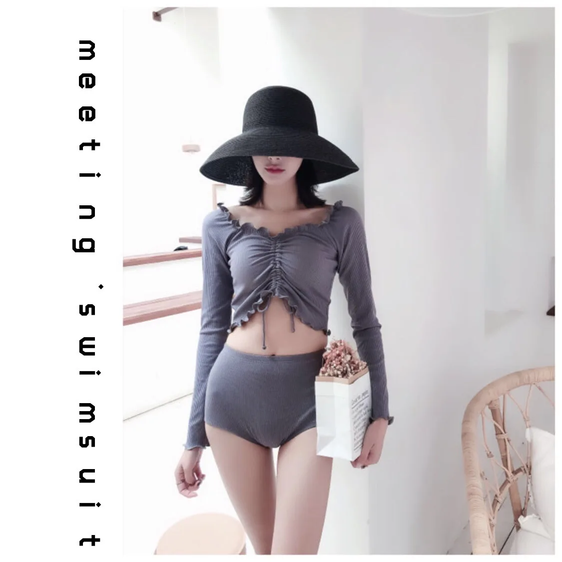 

Bubble Hot Spring Conservative Bathing Suit Women's Trinity Word Split Type South Korea Long Sleeve Pieces Shoulder Small Bust P