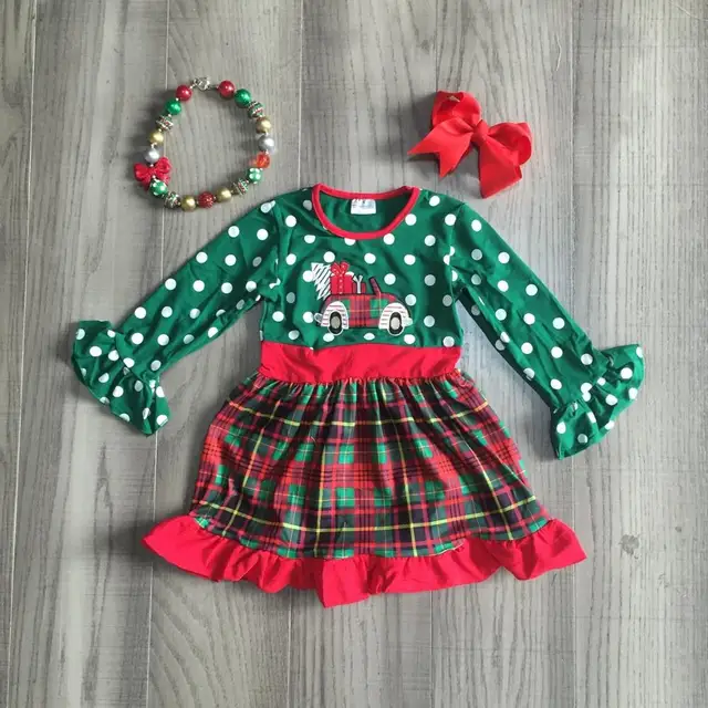 Girlymax Christmas truck dark green Fall/Winter baby girls plaid outfits pants set clothes ruffles boutique match accessories 3