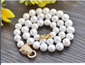 

huge light natural Pendant diy real Natural breeding freshwater white Baroque pearl 9-10MM 18" zircon leopard head clasp
