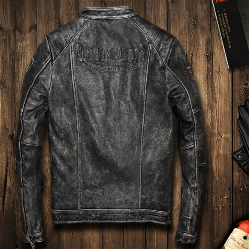 Мужская короткая байкерская куртка черная мотоциклетная из натуральной