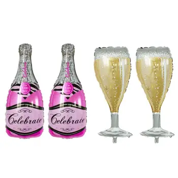 

4 Pcs Champagne Bottle and Wine Goblet Glass Pink Foil Balloons for Party
