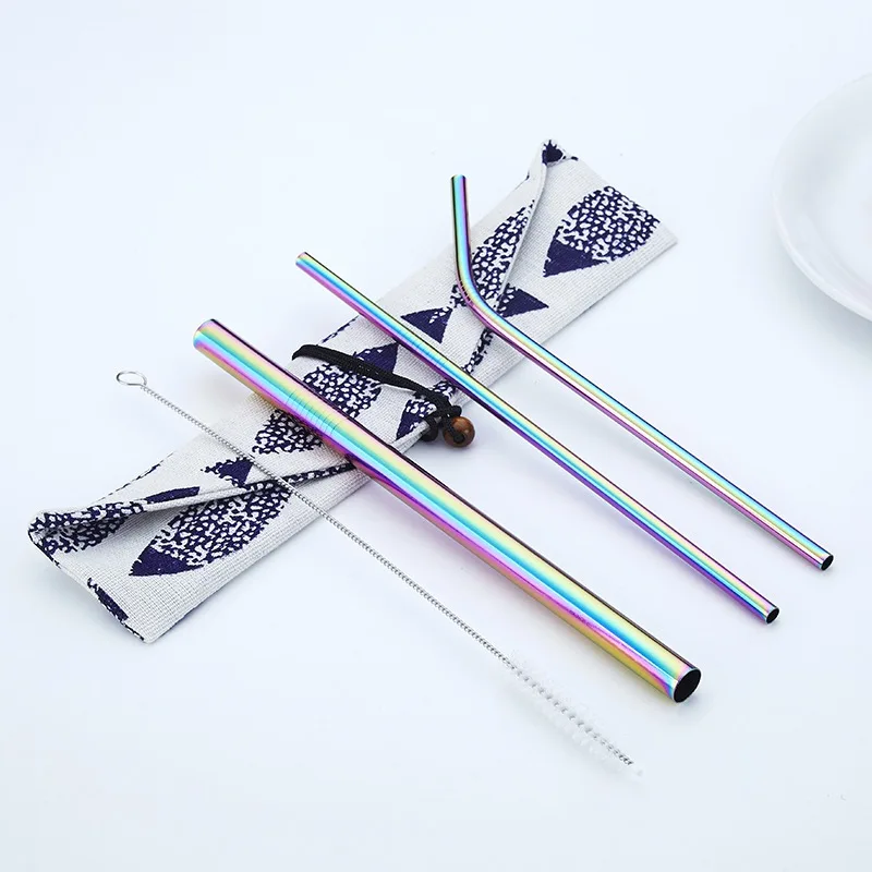 4pcs/Set Reusable 304 Stainless Steel Straw Barware Metal Drinking Straight Straws with Brush Bag Travel Outdoor Bar Accessories