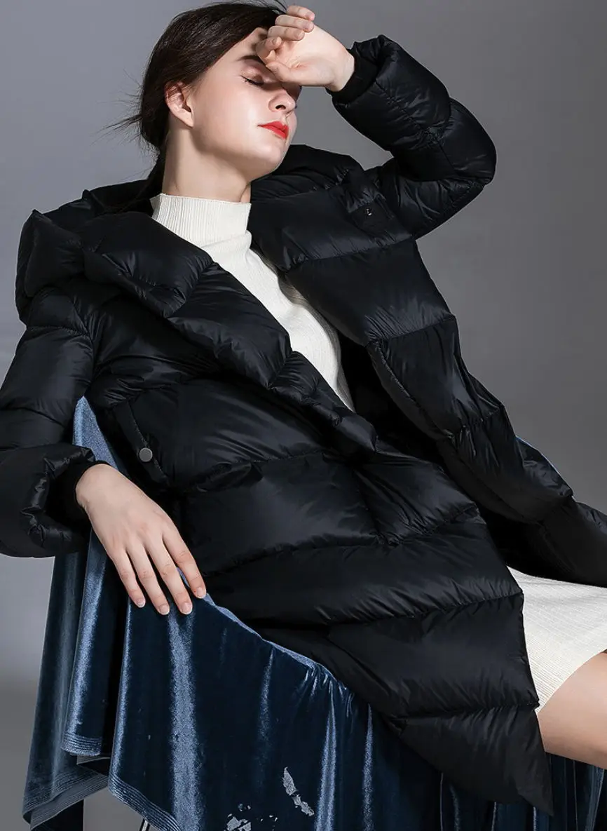 Новинка, черная толстая пуховая куртка с белым утиным пухом, женское длинное пальто выше колена в европейском и американском стиле
