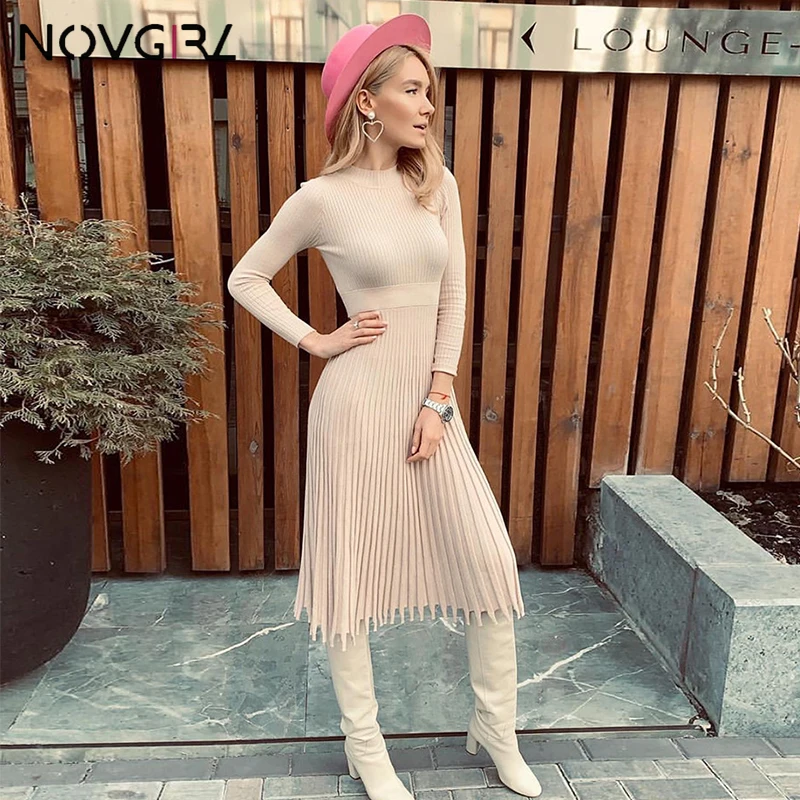 Novgirl трикотажное плиссированное платье миди для женщин осень зима длинный рукав с кисточками обтягивающее платье вечерние сексуальные платья джемпер - Цвет: Хаки