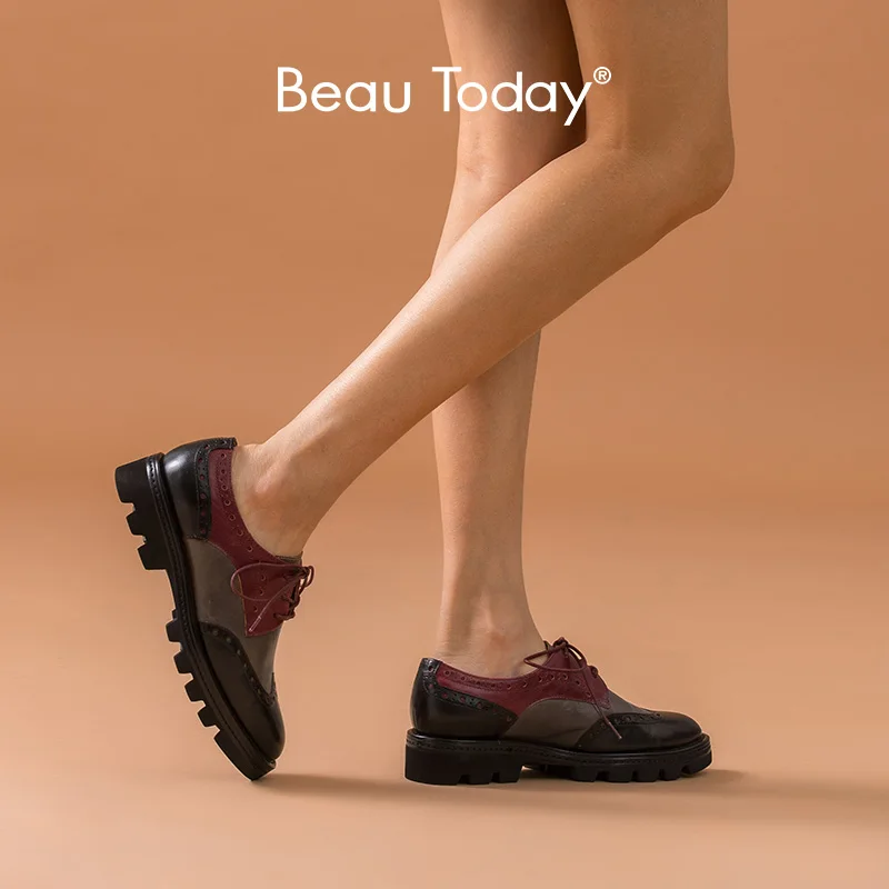 Женские Броги из натуральной бычьей кожи BeauToday разноцветные Туфли Дерби ручной