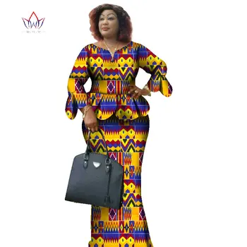

African Wax Print Two Piece Set Bazin Riche African Clothes for Women Ruffles Petal Sleeve Crop Top and Skirt Sets WY1068