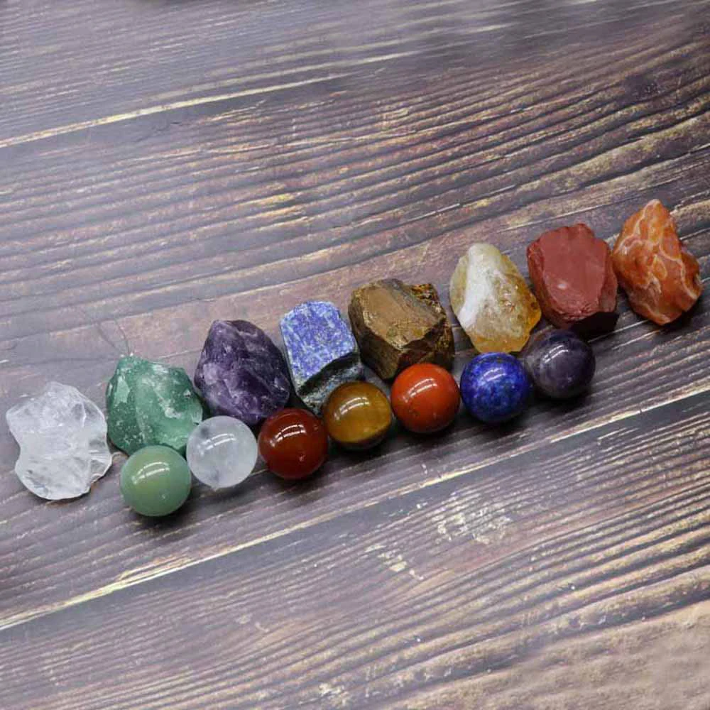15PCS Irregular Natural Stone Seven Chakras Round Ball Crystal Rough Stone Set Gift Box Reiki Healing DIY Jewelry Home Decor