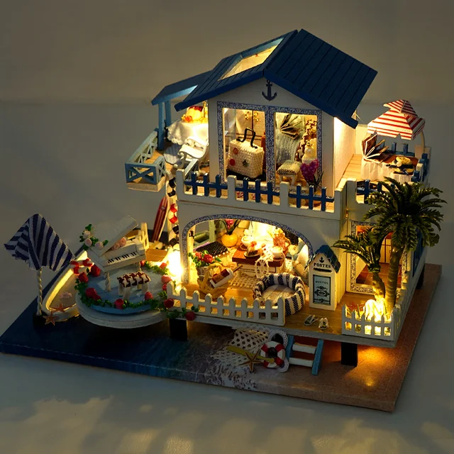 Mini DIY Wooden Doll House Kit Miniature Furniture Swimming Pool Casa Beach Cottage Dollhouse Toys for Children Girls Xmas Gifts 3