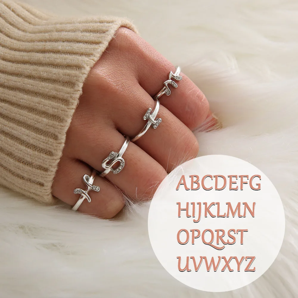 

Fashion 26 Initial Letter Rings For Women crystal Silver Rose Gold Alphabet simple finger Ring Girls Luxury Jewelry