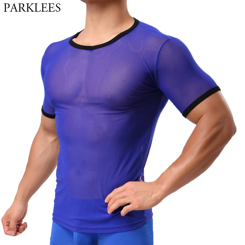 

Men's Blue Lace See-through T Shirt 2020 Sexy New Short Sleeve Mesh Sheer Top Understhirts Party Perform Streetweawr Tops Tees