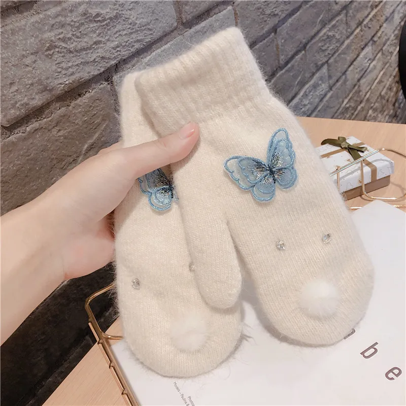 Women Winter Rabbit fur Knitted Full Finger Gloves Basic Thicken Plush Lining Mittens Butterfly Wrist Warmer