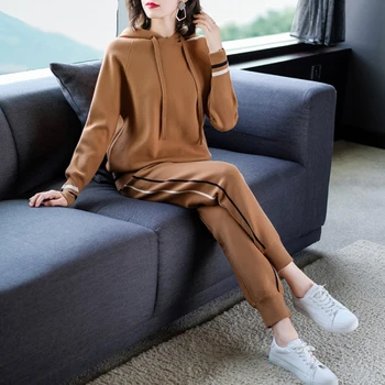 

Casual Two Piece Set Tracksuit For Women Knitted Hooded Women's Suit Ensemble Femme Survetement Year-old Female Costume