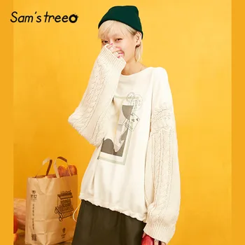 

Samstree White Patchwork Letter Print Korean Style Sweatshirt Women 2019 Autumn Vintage Cute Leisure Oversize Ladies Tops