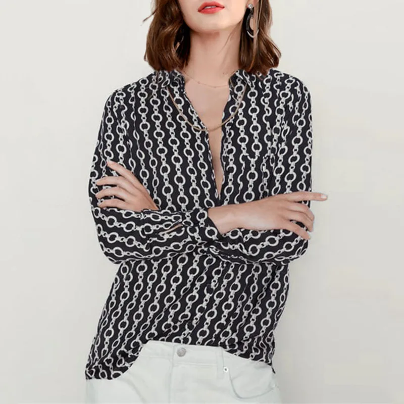 

Vintage 2020 Printing Button Chiffon Shirt Women Long Sleeve Spring Turn-down Collar Blouse Roupas Femininas Ey*