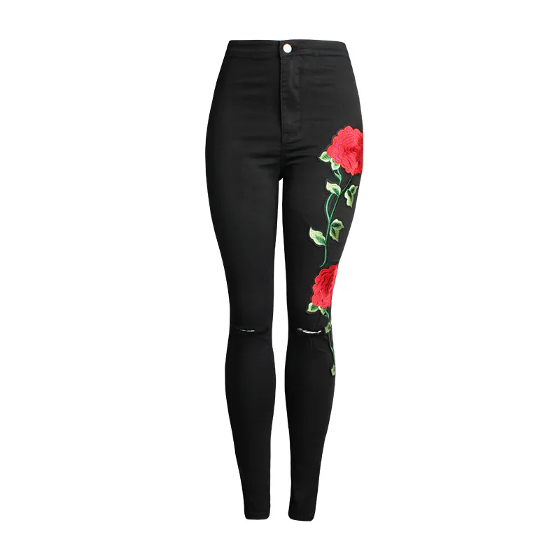 Женские джинсы с вышивкой черного цвета, обтягивающие узкие брюки с вышитыми цветами, джинсы с дырками и потертостями, джинсы с высокой талией
