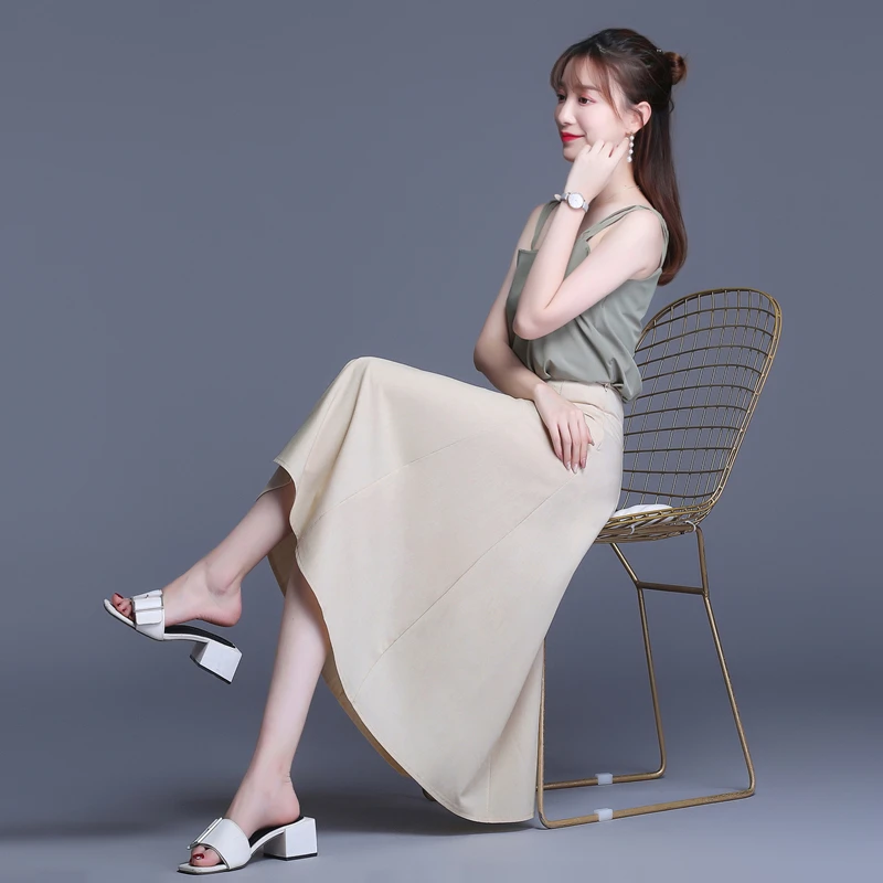Elegant High Chic Skirt Women Casual A-Line Midi Skirts Office lady Slim Summer Autumn Skirt
