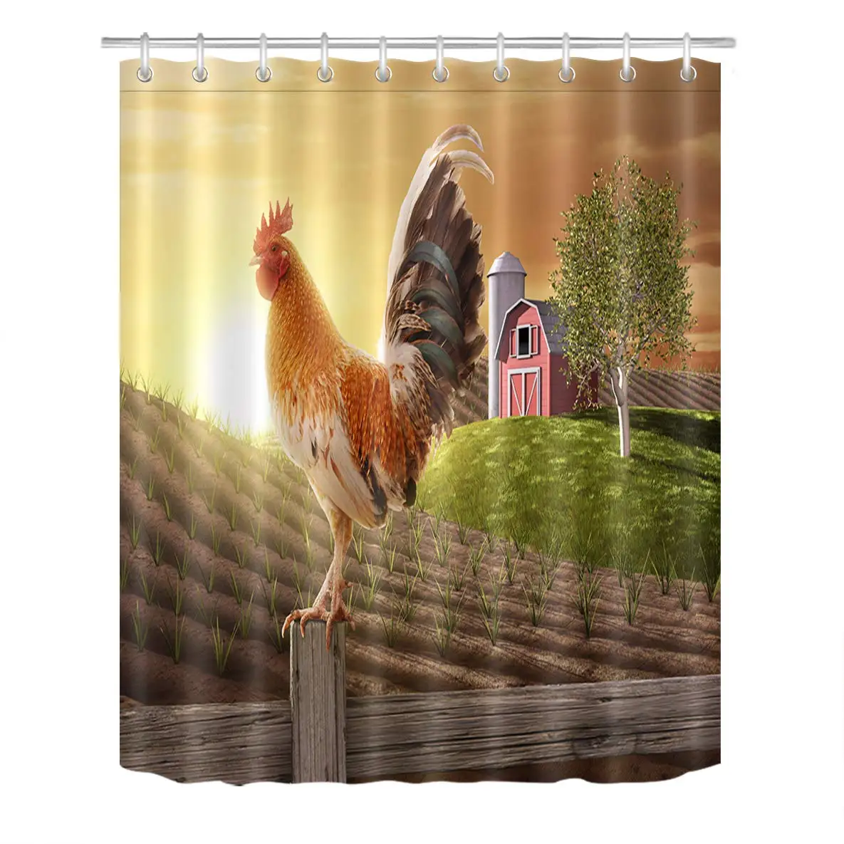 Rustic Farmhouse Shower Curtain Set Chicken Cock Rooster Stand On Wood Stake In Farmland Sunrise Bathroom Decor Waterproof Shower Curtains Aliexpress