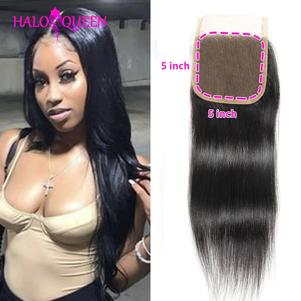 

HALOQUEEN Remy Straight 5x5 Wave Lace Closure 100% Human Hair Natural Color Brazilian Closure Bleached Knots With Baby Hair