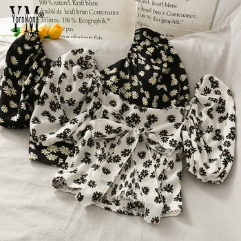 

YornMona Chic Flower Print White Black Chiffon Blouse Tops Fashion Back Bow Bandage Ladies Crop Top All Match Women Summer Shirt