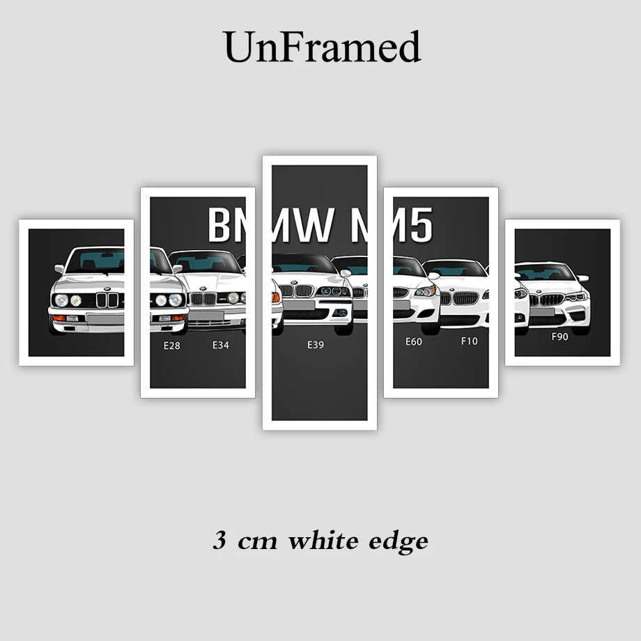 Холст Печатный плакат домашний Декор 5 шт. HD Bmw M3 M5 Белый спортивный автомобиль картины настенные художественные картины гостиная модульная рамка - Цвет: UnFramed   k1440