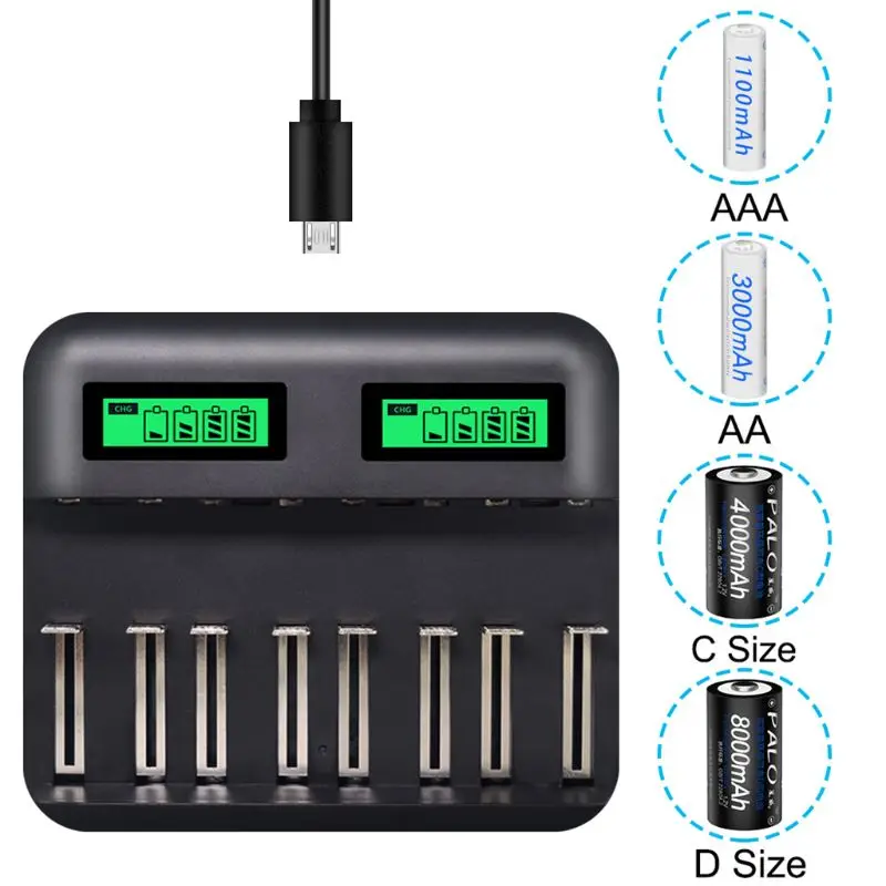 8 слотов Интеллектуальный ЖК-дисплей USB зарядное устройство для AA AAA C D Размер батареи