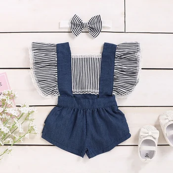 

New Baby Girls Clothes Newborn Striped Stitching Jumpsuit + Striped Headband Baby Girls Clothes Rompers