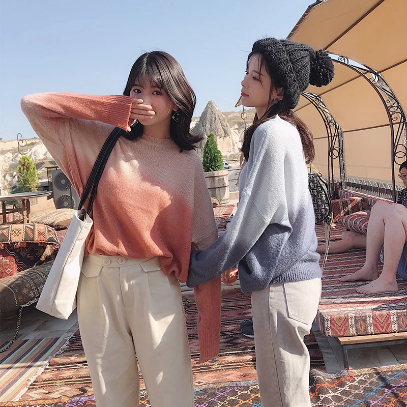 

MISHOW 2019 Autumn Winter Gradient Soft Knit Sweater Women causal Around Neck Long Sleeve Sweatshirt Tops MX19C5441