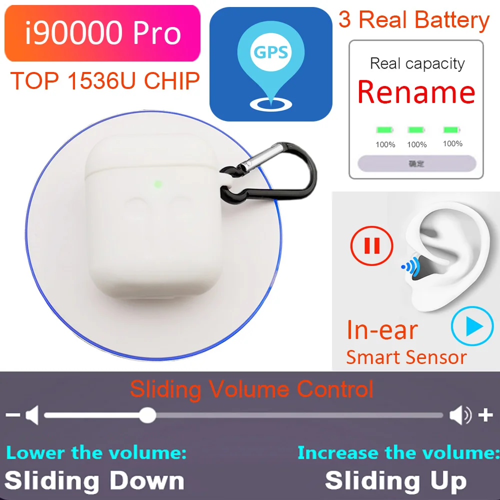 Беспроводные Bluetooth наушники с gps и функцией управления громкостью i90000 Pro Tws Air 2, наушники с супер басом PK i9000 i50000 TWS
