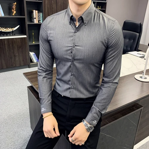 Мужские рубашки с вышивкой черные Camisas Sociais Masculina Slim Hombre Elegante рубашки белые рубашки с отложным воротником качество розовый - Цвет: Серый