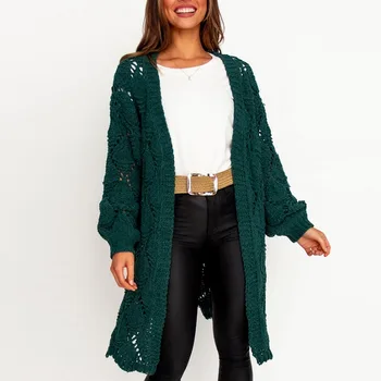 

Sweater Cardigans Women Autumn Cotton Diamond-shaped Hollow Long Knit Cardigans Loose Casual Long Sleeved Solid Sweater