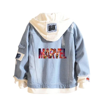 

The Avengers Comics Iron Man /Spider Man marvel Casual Hoodies Unisex Cowboy Fake Two Pieces Sweatshirt Hole Denim Jacket Coats