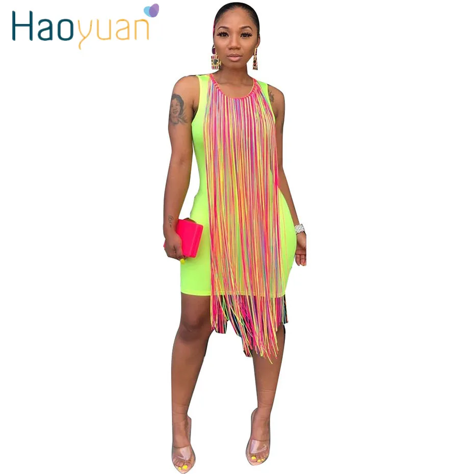 

HAOYUAN Sexy Tassel Mini Dress Women Vestidos Festival Clothing Night Club Party Dress Neon Green Black Bodycon Tight Dresses