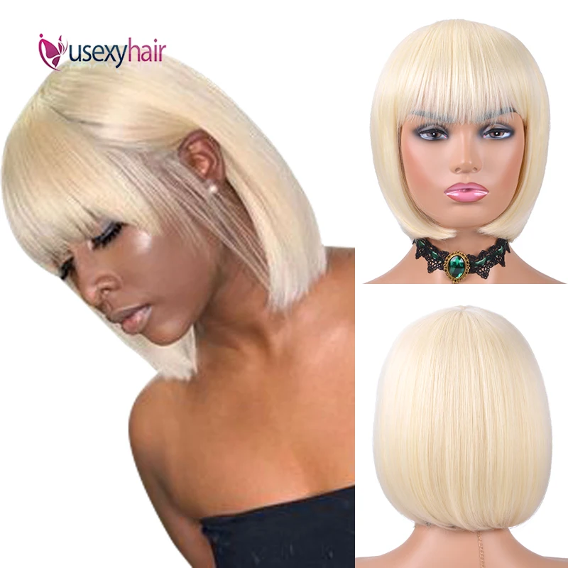 

USEXY Short Straight Hair 613 Blonde Bob Wig 150% Peruvian Remy Human Hair Wigs For Black Women Pixie Cut Full Wig With Bangs