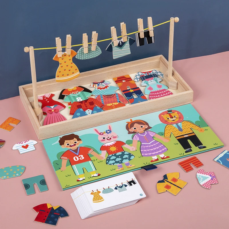 

Kids Montessori Wooden Toys Drying Rack Clothes Dress-Up Jigsaw Puzzle Logical Thinking Matching Sorting Educational Toys Girls