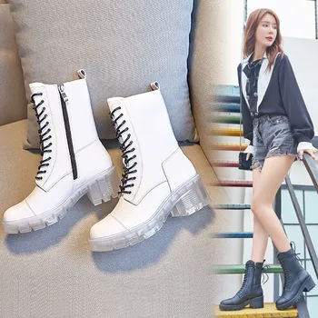 

High Quality Fashion Female Genuine Leather Boots Women Flat Ankle Boots Platform Autumn Slip On Brogue Shoes Martin Boots Mujer