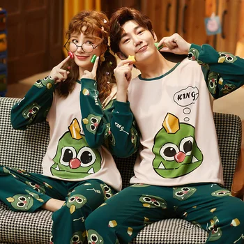

Lovers' Sleepwear Cotton Cartoon Couple Pajamas Set Women Home Clothes Men Pyjamas Long Sleeve Pijamas Mujer Plus Size M-XXXXL