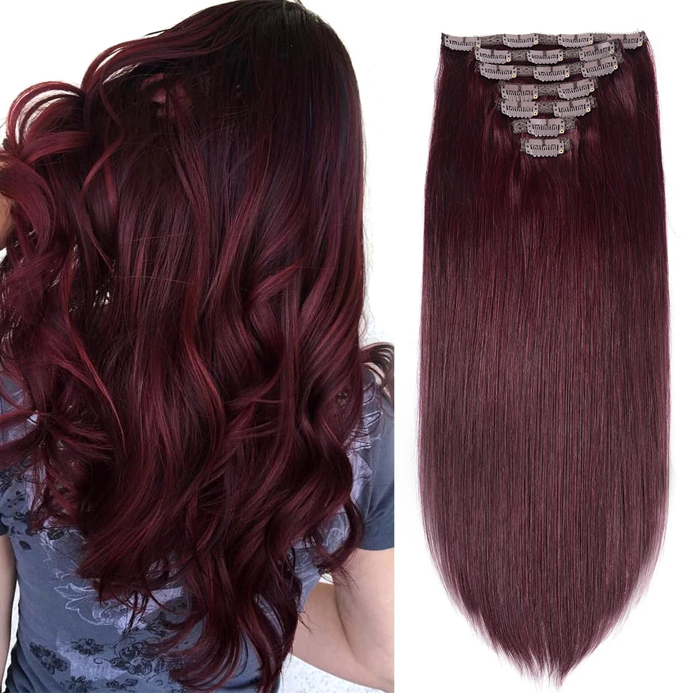 Hair-Extensions Human-Hair-Machine Clip-In Real Red Volume-360g Wine 99j Made-Remy Natural