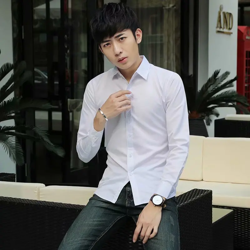 

2019 New Style White Shirt Men's Long Sleeve Solid Color No Ironing Shirt Business Slim Fit Youth Thin