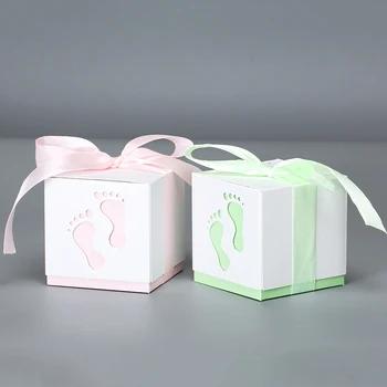 

10pcs/lot 6*6*6cm Baby feet shape Candy gift box Boite a Dragees Wedding Decoration chocolate transparent bag Hot