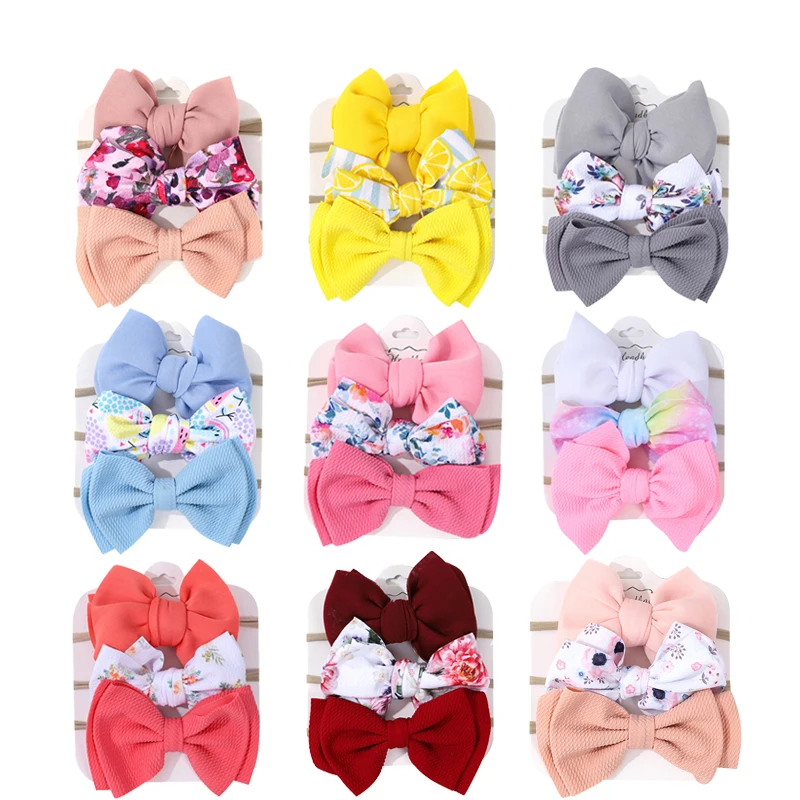 3pcs/set Big Bows Floral Headband Soft Elastic Nylon Newborn Baby Girl