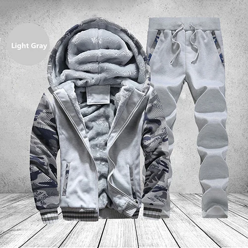 D62 Lightgrey Спортивный костюм для мужчин, Спортивная флисовая Толстая мужская куртка с капюшоном+ штаны, теплая зимняя толстовка с мехом внутри, мужской комплект одежды размера плюс M-4XL - Цвет: D62 Lightgrey