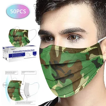 

50Pcs Disposable Face Mask Camouflage Print Non-Woven 3 Layer Face Masks For Germ Protection For Adults Mascarillas Flag Bandana