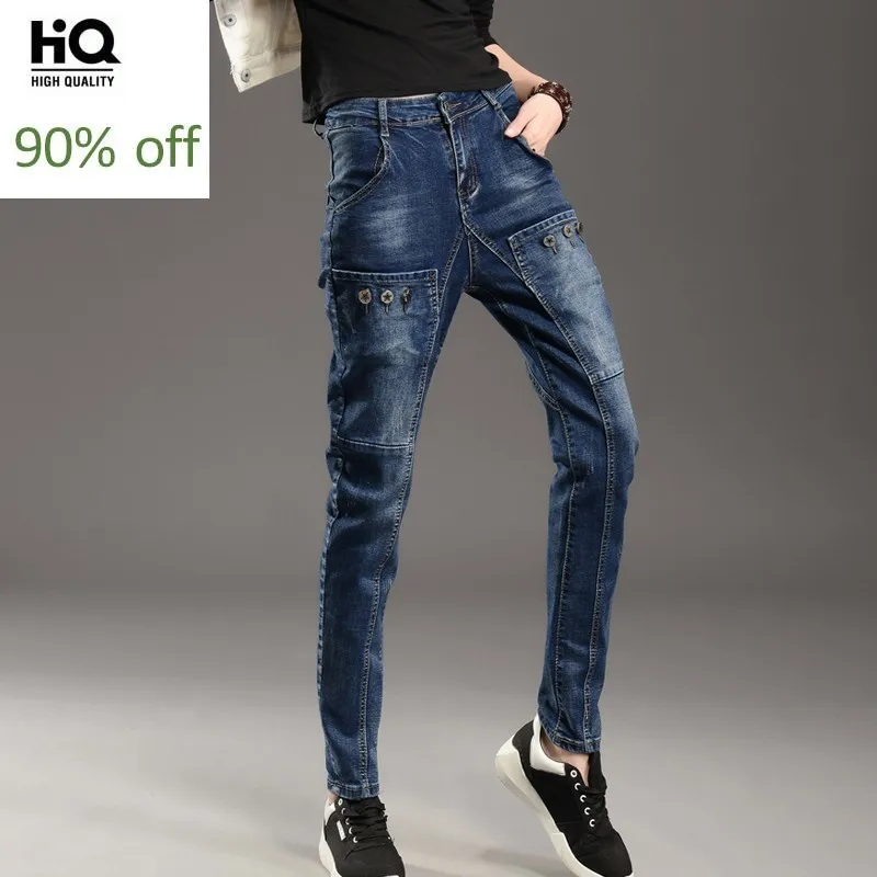

2020 Spring New Women Personality Jeans Harem Pants Slim Fit Long Trousers Casual Streetwear Hip Hop Button Denim Pants Big Size