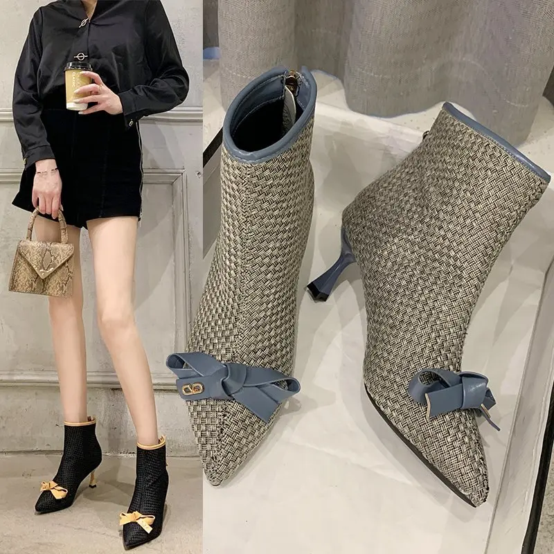 Boots Female women shoes 2020 Autumn Stiletto high heel plush pointed toe bow rhinestone fashion sexy zipper Leather Ankle Boots Boots Female women shoes 2020 Autumn Stiletto high heel plush pointed toe bow rhinestone fashion sexy zipper Leather Ankle Boots