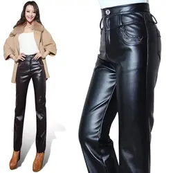 2019 женские зимние теплые брюки из искусственной кожи капри из искусственной кожи эластичная высокая талия стрейч Длинные прямые брюки