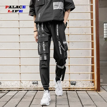 

2020 Fashion Mens Hip Hop Ribbons Cargo Pants Men Joggers Pants Streetwear Men Elastic Waist Pant Ribbons Cotton