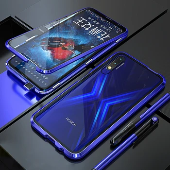 Перейти на Алиэкспресс и купить Жесткий чехол для Huawei Honor 9X, чехол с магнитной застежкой 360, металлический, двойной, закаленное стекло, задняя крышка для Honor 9X Premium, чехол